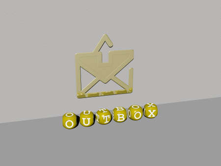 3D representation of outbox with icon on the wall and text arranged by metallic cubic letters on a mirror floor for concept meaning and slideshow presentationの写真素材