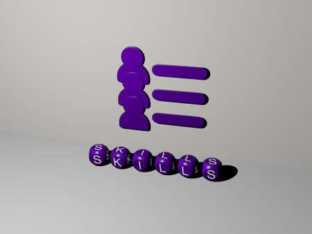 3D representation of skills with icon on the wall and text arranged by metallic cubic letters on a...