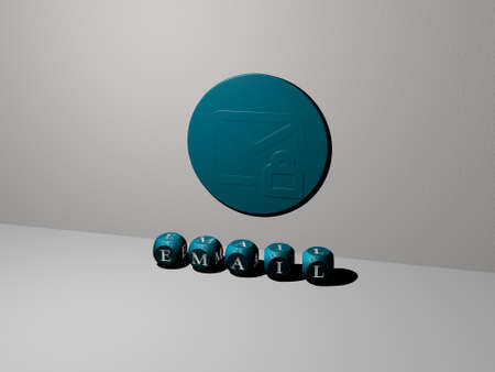 3D representation of email with icon on the wall and text arranged by metallic cubic letters on a...