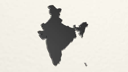 map of India made by 3D illustration of a shiny metallic sculpture on a wall with light background. abstract and conceptの写真素材