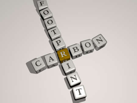 crosswords of going green: carbon footprint arranged by cubic letters on a mirror floor, concept meaning and presentation. background and illustrationの写真素材