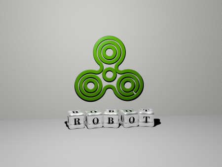 3D illustration of robot graphics and text made by metallic dice letters for the related meanings of...