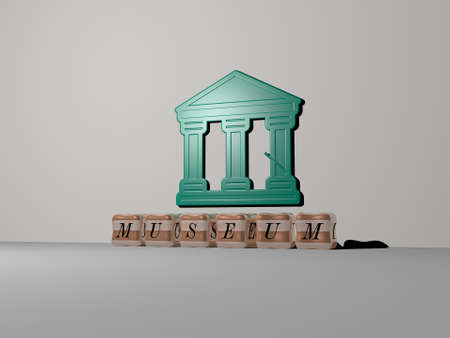 3D illustration of MUSEUM graphics and text made by metallic dice letters for the related meanings...