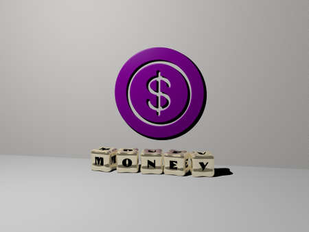 3D graphical image of money vertically along with text built by metallic cubic letters from the top perspective, excellent for the concept presentation and slideshows. illustration and businessの写真素材