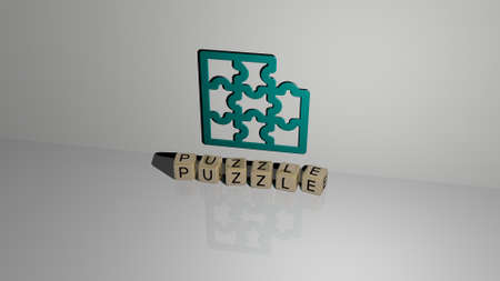 3D illustration of PUZZLE graphics and text made by metallic dice letters for the related meanings of the concept and presentations. background and businessの写真素材