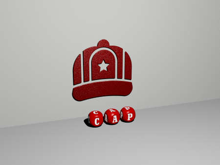 3D illustration of cap graphics and text made by metallic dice letters for the related meanings of the concept and presentations. background and whiteの写真素材