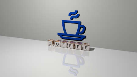 3D illustration of COFFEE graphics and text made by metallic dice letters for the related meanings of the concept and presentations. background and cupの写真素材