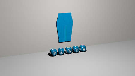 3D illustration of pants graphics and text made by metallic dice letters for the related meanings of...