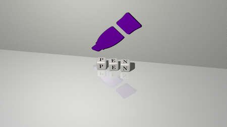 3D representation of pen with icon on the wall and text arranged by metallic cubic letters on a mirror floor for concept meaning and slideshow presentation. illustration and backgroundの写真素材