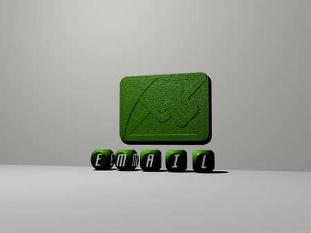 3D representation of EMAIL with icon on the wall and text arranged by metallic cubic letters on a...