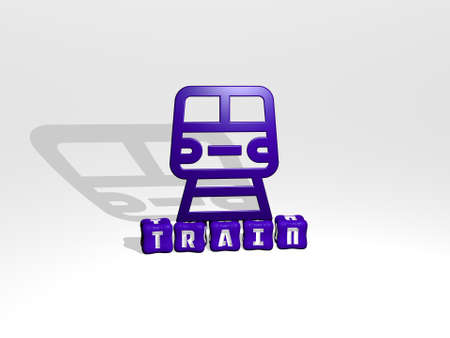 3D graphical image of train vertically along with text built by metallic cubic letters from the top perspective, excellent for the concept presentation and slideshows. station and editorialの写真素材