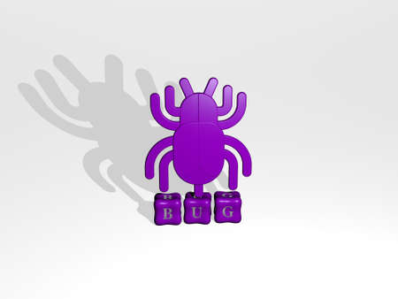 3D graphical image of bug vertically along with text built by metallic cubic letters from the top perspective, excellent for the concept presentation and slideshows. background and illustrationの写真素材
