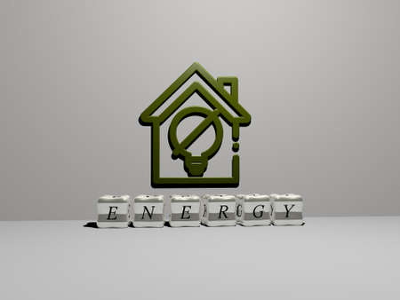 3D illustration of ENERGY graphics and text made by metallic dice letters for the related meanings...