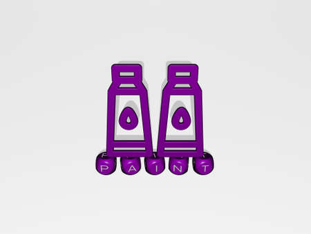 3D representation of PAINT with icon on the wall and text arranged by metallic cubic letters on a mirror floor for concept meaning and slideshow presentation. background and abstractの写真素材