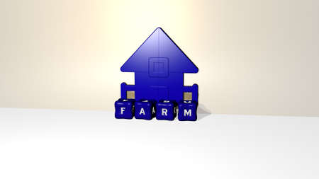 3D representation of farm with icon on the wall and text arranged by metallic cubic letters on a mirror floor for concept meaning and slideshow presentation. agriculture and backgroundの写真素材
