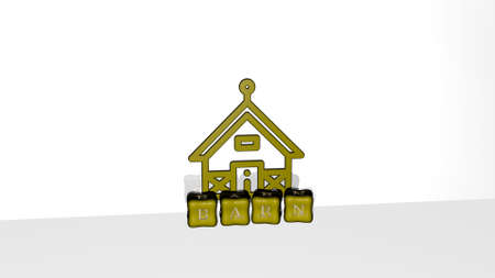 3D representation of barn with icon on the wall and text arranged by metallic cubic letters on a mirror floor for concept meaning and slideshow presentation. farm and backgroundの写真素材