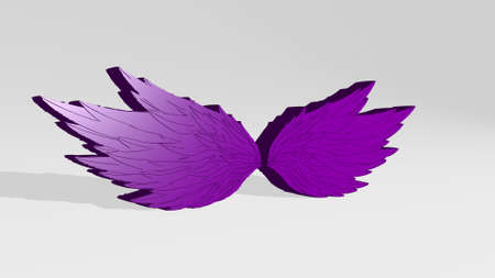 WINGS made by 3D illustration of a shiny metallic sculpture on a wall with light background. bird...