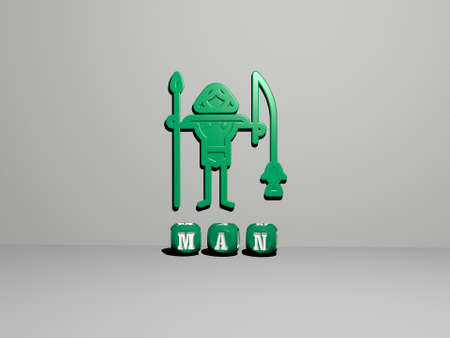 3D illustration of MAN graphics and text made by metallic dice letters for the related meanings of...