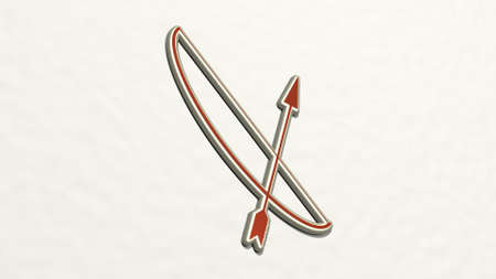 BOW AND ARROW on the wall. 3D illustration of metallic sculpture over a white background with mild...