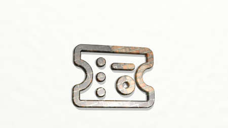 TICKET from a perspective on the wall. A thick sculpture made of metallic materials of 3D rendering....