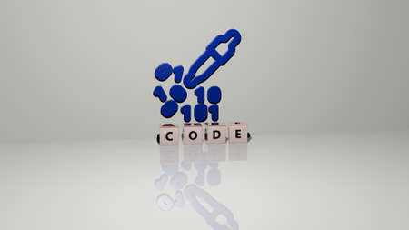 3D graphical image of code vertically along with text built by metallic cubic letters from the top perspective, excellent for the concept presentation and slideshows. illustration and backgroundの写真素材
