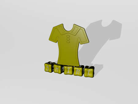 3D representation of SHIRT with icon on the wall and text arranged by metallic cubic letters on a mirror floor for concept meaning and slideshow presentation. background and whiteの写真素材