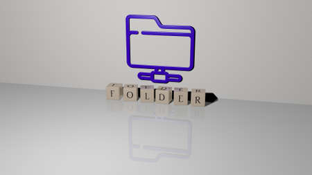 3D representation of folder with icon on the wall and text arranged by metallic cubic letters on a mirror floor for concept meaning and slideshow presentation. illustration and businessの写真素材
