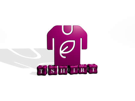 3D representation of tshirt with icon on the wall and text arranged by metallic cubic letters on a...