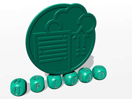 3D representation of UPLOAD with icon on the wall and text arranged by metallic cubic letters on a...