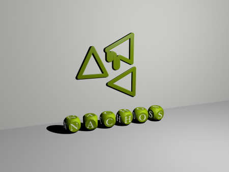 3D graphical image of NACHOS vertically along with text built by metallic cubic letters from the top perspective, excellent for the concept presentation and slideshows. mexican and chipsの写真素材