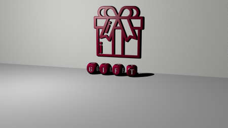 3D representation of GIFT with icon on the wall and text arranged by metallic cubic letters on a...