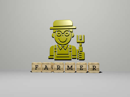 3D illustration of farmer graphics and text made by metallic dice letters for the related meanings of the concept and presentations. agriculture and fieldの写真素材