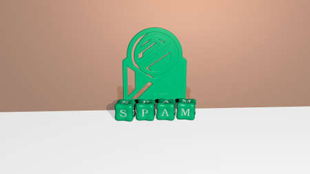 3D representation of spam with icon on the wall and text arranged by metallic cubic letters on a...