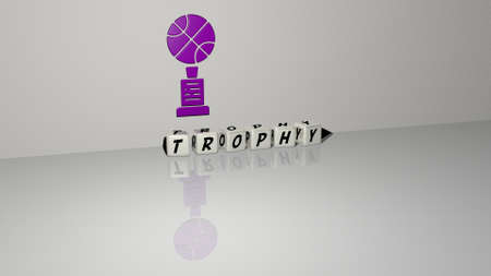 3D representation of trophy with icon on the wall and text arranged by metallic cubic letters on a mirror floor for concept meaning and slideshow presentation. illustration and awardの写真素材