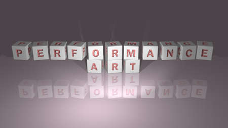 alphabetic PERFORMANCE ART arranged by cubic letters on a mirror floor, concept meaning and presentation in 3D perspective. illustration and editorialの写真素材