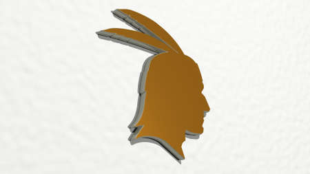 NATIVE AMERICAN MAN from a perspective on the wall. A thick sculpture made of metallic materials of 3D rendering. illustration and backgroundの写真素材
