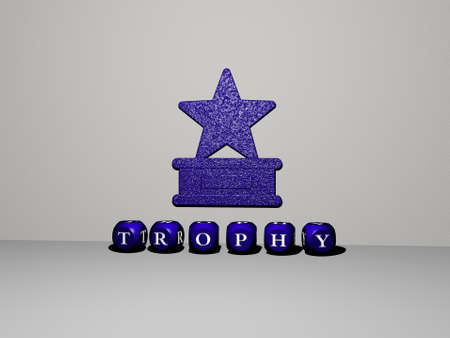 3D illustration of trophy graphics and text made by metallic dice letters for the related meanings...
