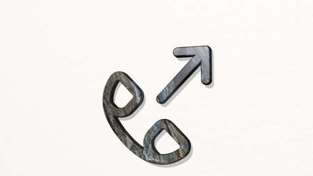 PHONE ACTIONS CALL on the wall. 3D illustration of metallic sculpture over a white background with...