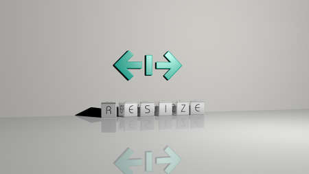 3D representation of RESIZE with icon on the wall and text arranged by metallic cubic letters on a...