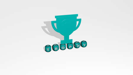 3D illustration of TROPHY graphics and text made by metallic dice letters for the related meanings of the concept and presentations. award and cupの写真素材