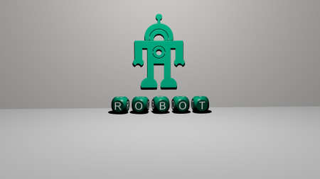 3D graphical image of ROBOT vertically along with text built by metallic cubic letters from the top perspective, excellent for the concept presentation and slideshows. illustration and artificialの写真素材