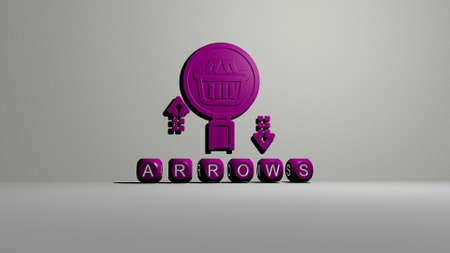 3D illustration of arrows graphics and text made by metallic dice letters for the related meanings...
