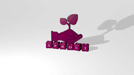 3D graphical image of SPROUT vertically along with text built by metallic cubic letters from the top perspective, excellent for the concept presentation and slideshows. green and illustrationの写真素材