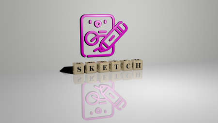 3D illustration of SKETCH graphics and text made by metallic dice letters for the related meanings...