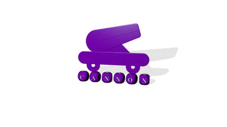 3D graphical image of cannon vertically along with text built by metallic cubic letters from the top perspective, excellent for the concept presentation and slideshows. army and artilleryの写真素材