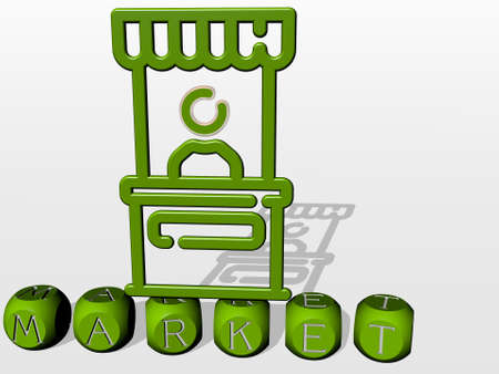 3D representation of market with icon on the wall and text arranged by metallic cubic letters on a...