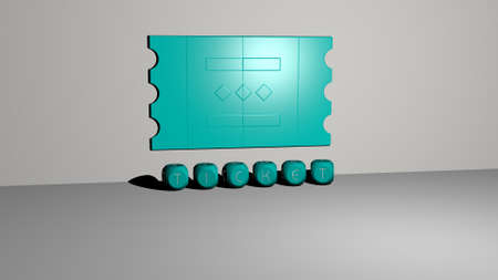 3D representation of ticket with icon on the wall and text arranged by metallic cubic letters on a...