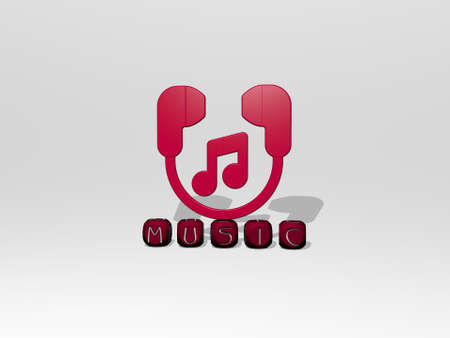 3D representation of MUSIC with icon on the wall and text arranged by metallic cubic letters on a mirror floor for concept meaning and slideshow presentation. illustration and backgroundの写真素材