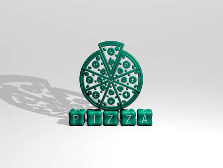 3D illustration of pizza graphics and text made by metallic dice letters for the related meanings of...