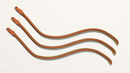 zippers on the wall. 3D illustration of metallic sculpture over a white background with mild texture